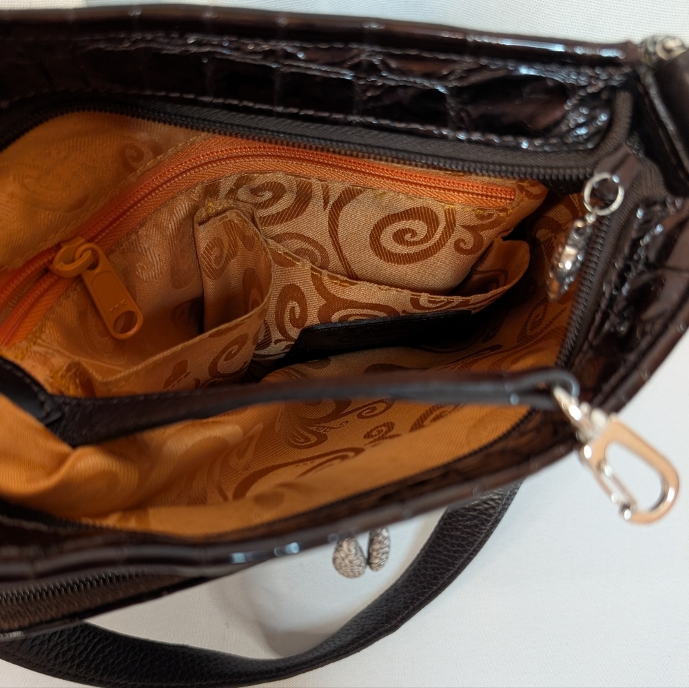 Brighton Sonny Lil Cher Croc-Embossed Patent Leather Bronze Brown Shoulder Bag - Picture 8 of 15